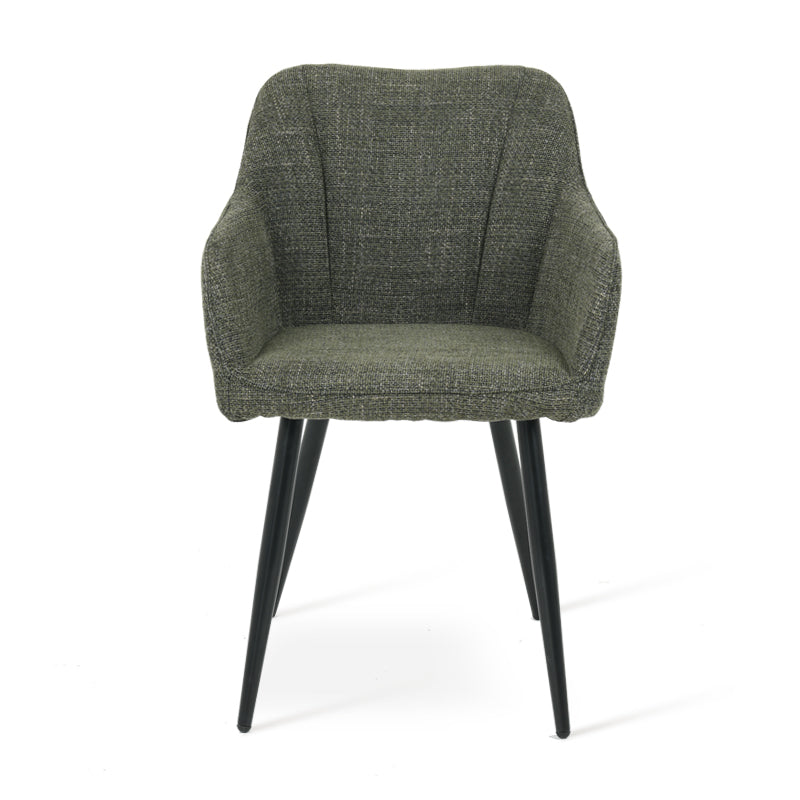 Sillón acolchado Sienna Garden de OFCASA con estructura metálica negra y cojines grises, perfecto para terrazas y comedores,Sillón de exterior Sienna en un patio moderno, muestra diseño ergonómico y tejido resistente a la intemperie