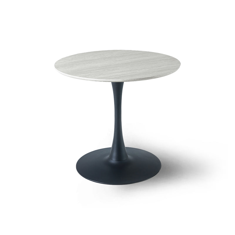 Mesa de comedor redonda Tiana de 80 cm con encimera en efecto travertino y base de metal negro - Ideal para cocinas pequeñas y espacios compactos.