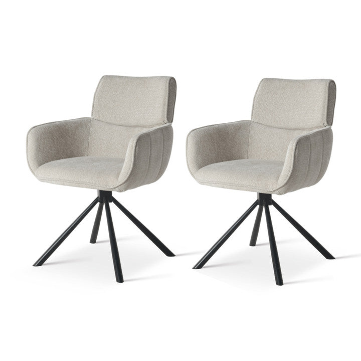 Silla giratoria Elara HDC233029 con reposabrazos, tapizada en chenilla beige y base metálica plateada - rotación suave 360° para comedores modernos