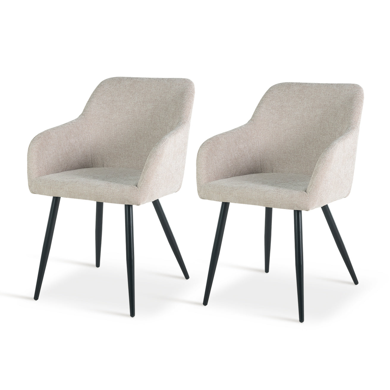 Silla de comedor Frazer con reposabrazos, tapizada en lino beige y estructura de metal negro, perfecta para comedores modernos