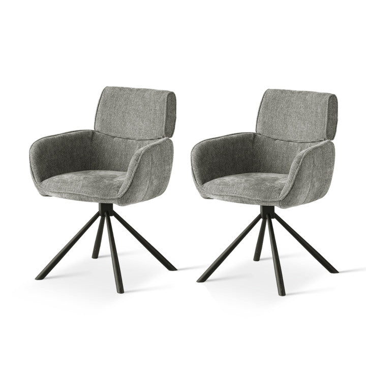 Silla giratoria Elara HDC233029 con reposabrazos, tapizada en chenilla beige y base metálica plateada - rotación suave 360° para comedores modernos
