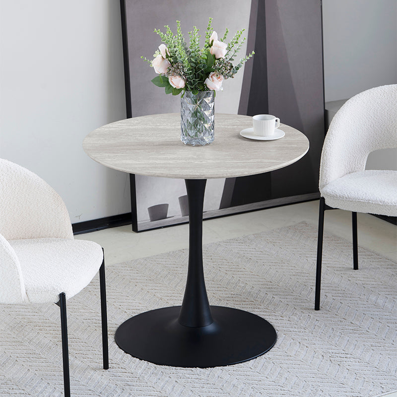 Mesa de comedor redonda Tiana de 80 cm con encimera en efecto travertino y base de metal negro - Ideal para cocinas pequeñas y espacios compactos.