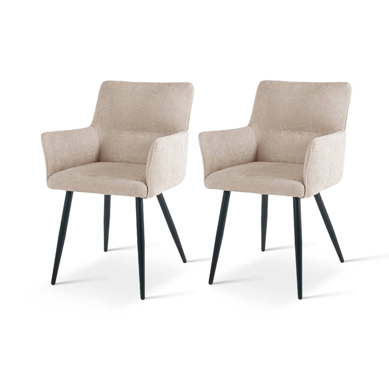 Sillón comedor tapizado en lino beige con estructura de madera y brazos acolchados, ideal para comedores modernos