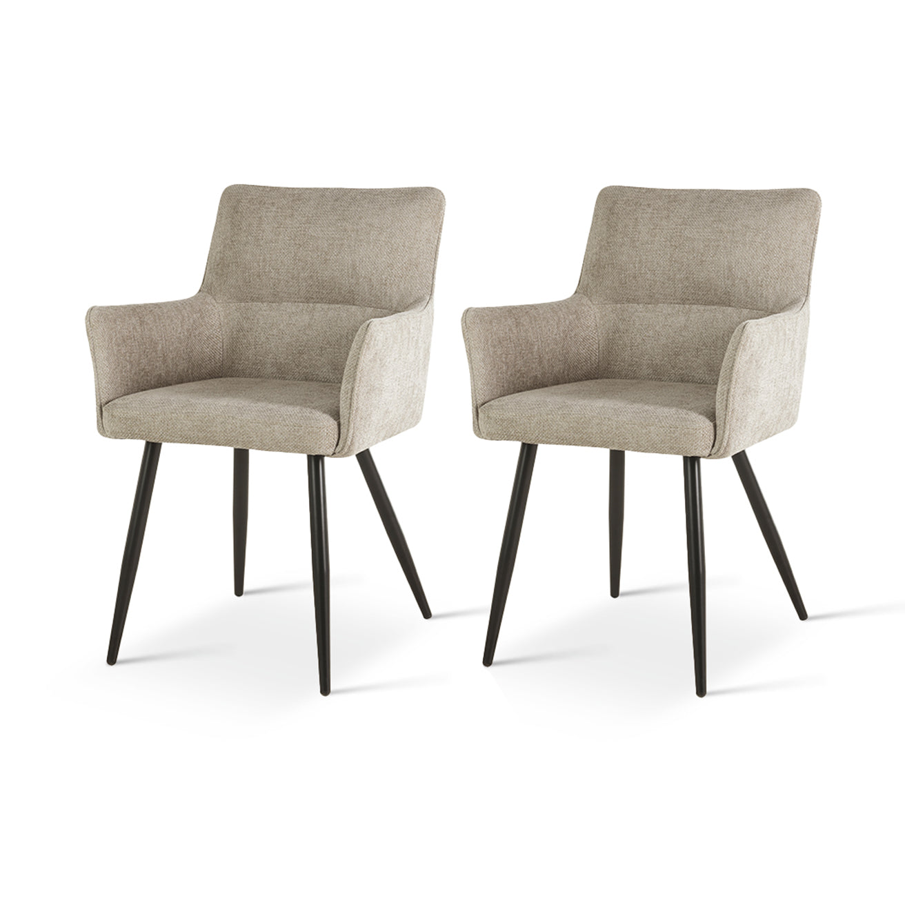 Sillón comedor tapizado en lino beige con estructura de madera y brazos acolchados, ideal para comedores modernos