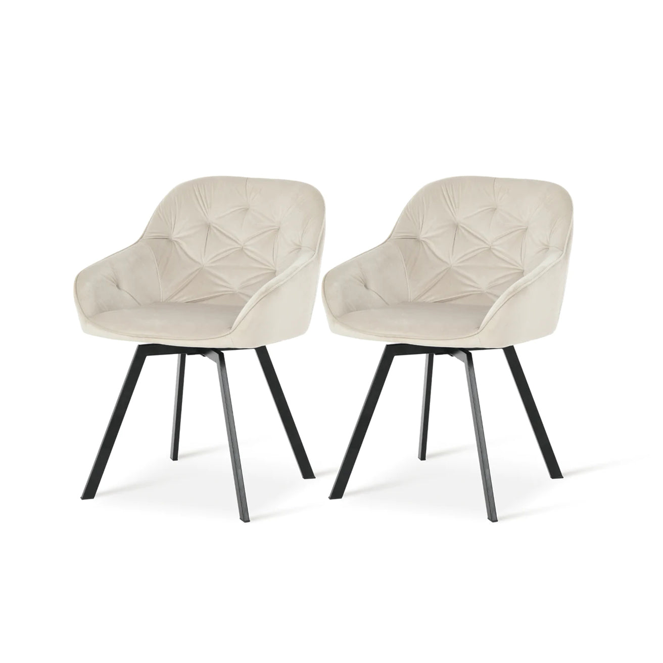 Silla giratoria moderna Keaton de OFCASA en color negro con asiento acolchado de polipiel y patas de metal cromado, mostrando su mecanismo de giro de 360°